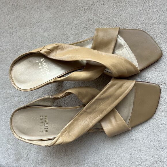 Stuart Weitzman Camel Brown Leather Slide Heeled Sandals Women 5.5 M Crossover - Picture 8 of 16